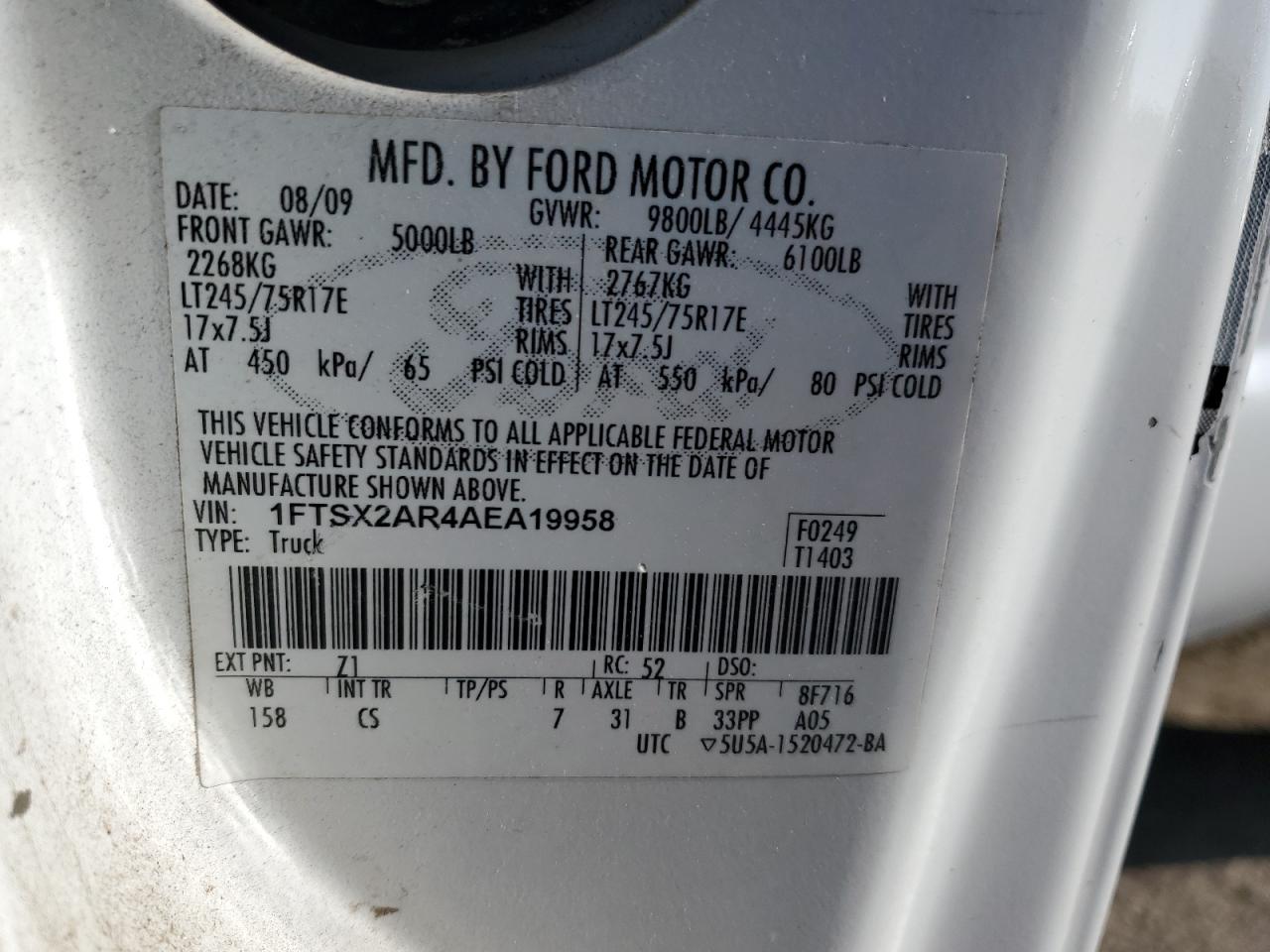 2010 Ford F250 Super Duty VIN: 1FTSX2AR4AEA19958 Lot: 86296244