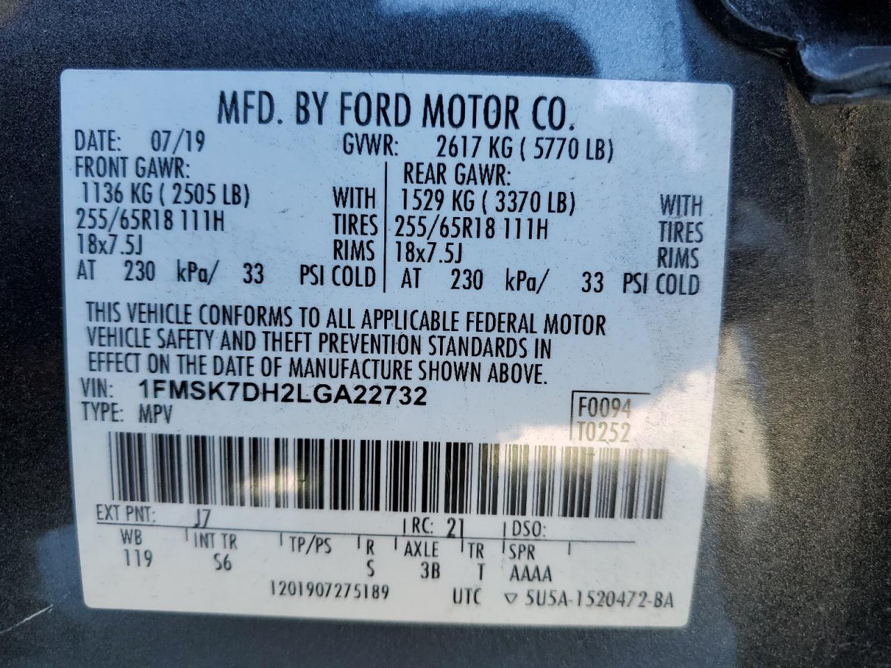 VIN 1FMSK7DH2LGA22732 2020 FORD EXPLORER no.13