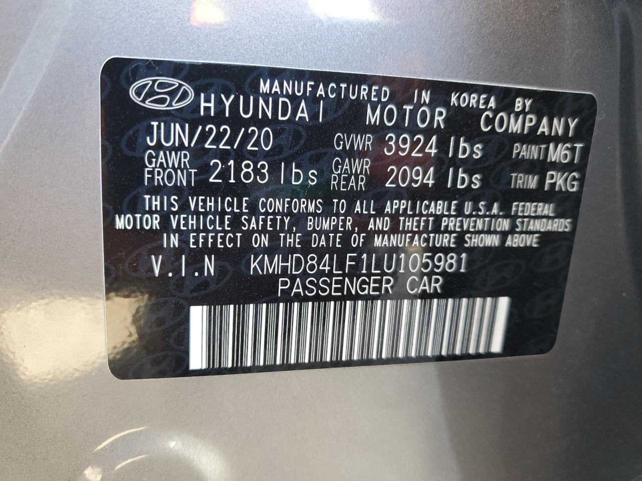 VIN KMHD84LF1LU105981 2020 HYUNDAI ELANTRA no.12