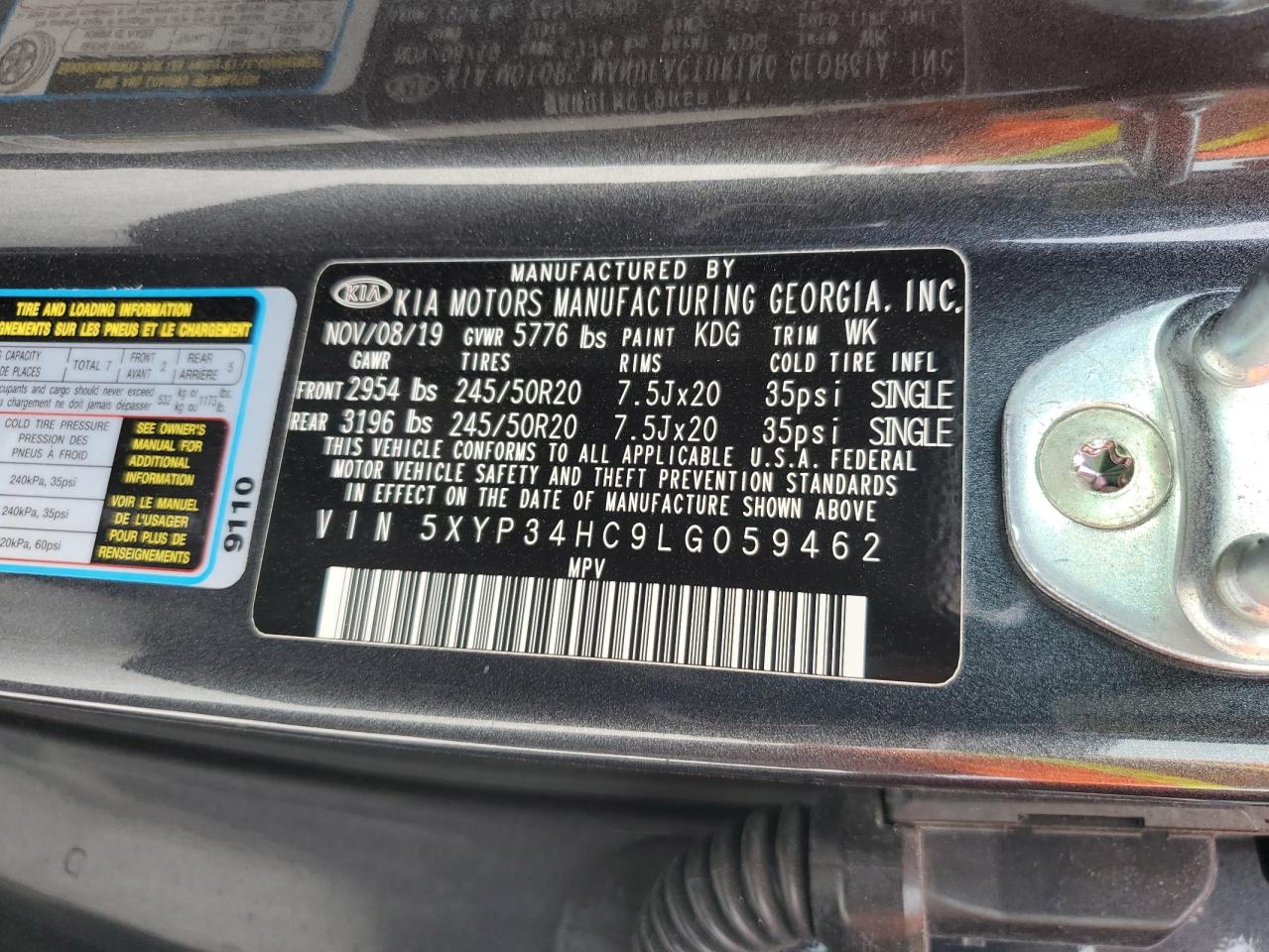 VIN 5XYP34HC9LG059462 2020 KIA TELLURIDE no.13