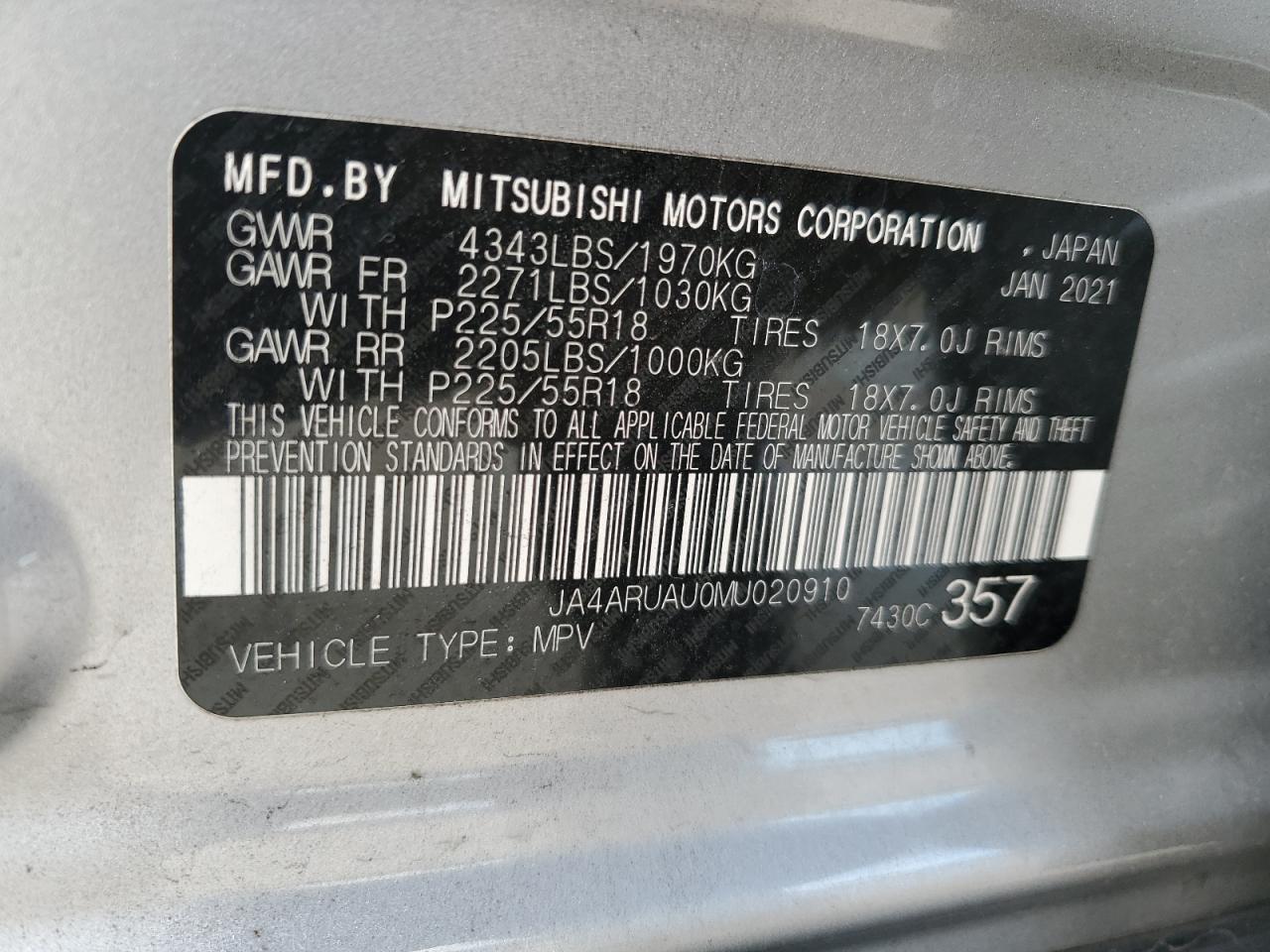 2021 Mitsubishi Outlander Sport Es VIN: JA4ARUAU0MU020910 Lot: 84530034