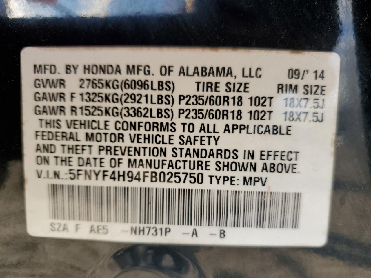 VIN 5FNYF4H94FB025750 2015 HONDA PILOT no.13