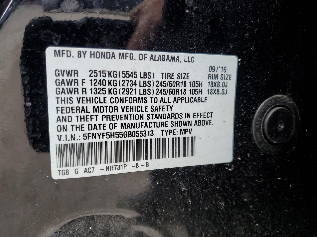 5FNYF5H55GB055313 2016 HONDA PILOT - Image 16