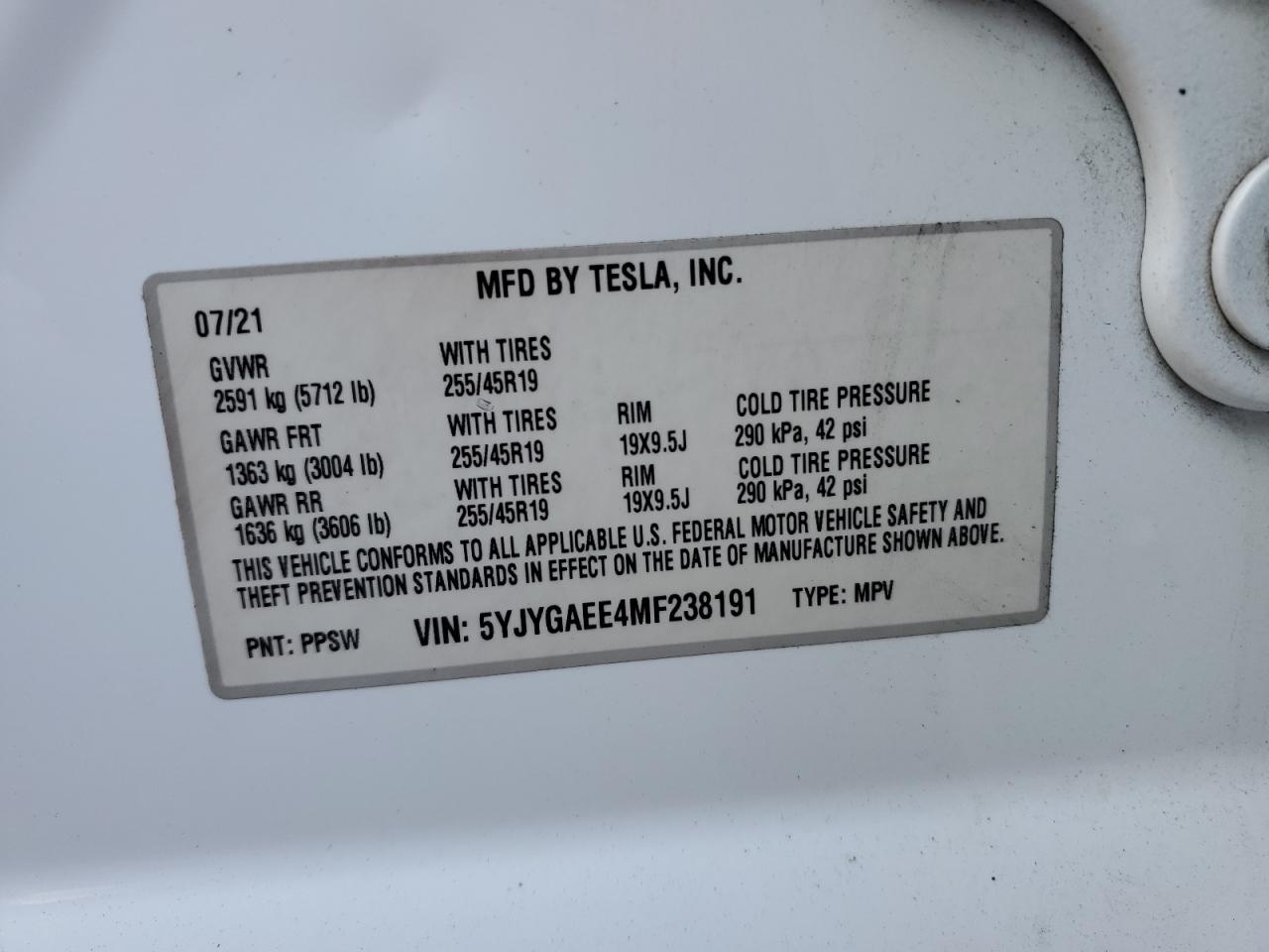 2021 Tesla Model Y VIN: 5YJYGAEE4MF238191 Lot: 83870504