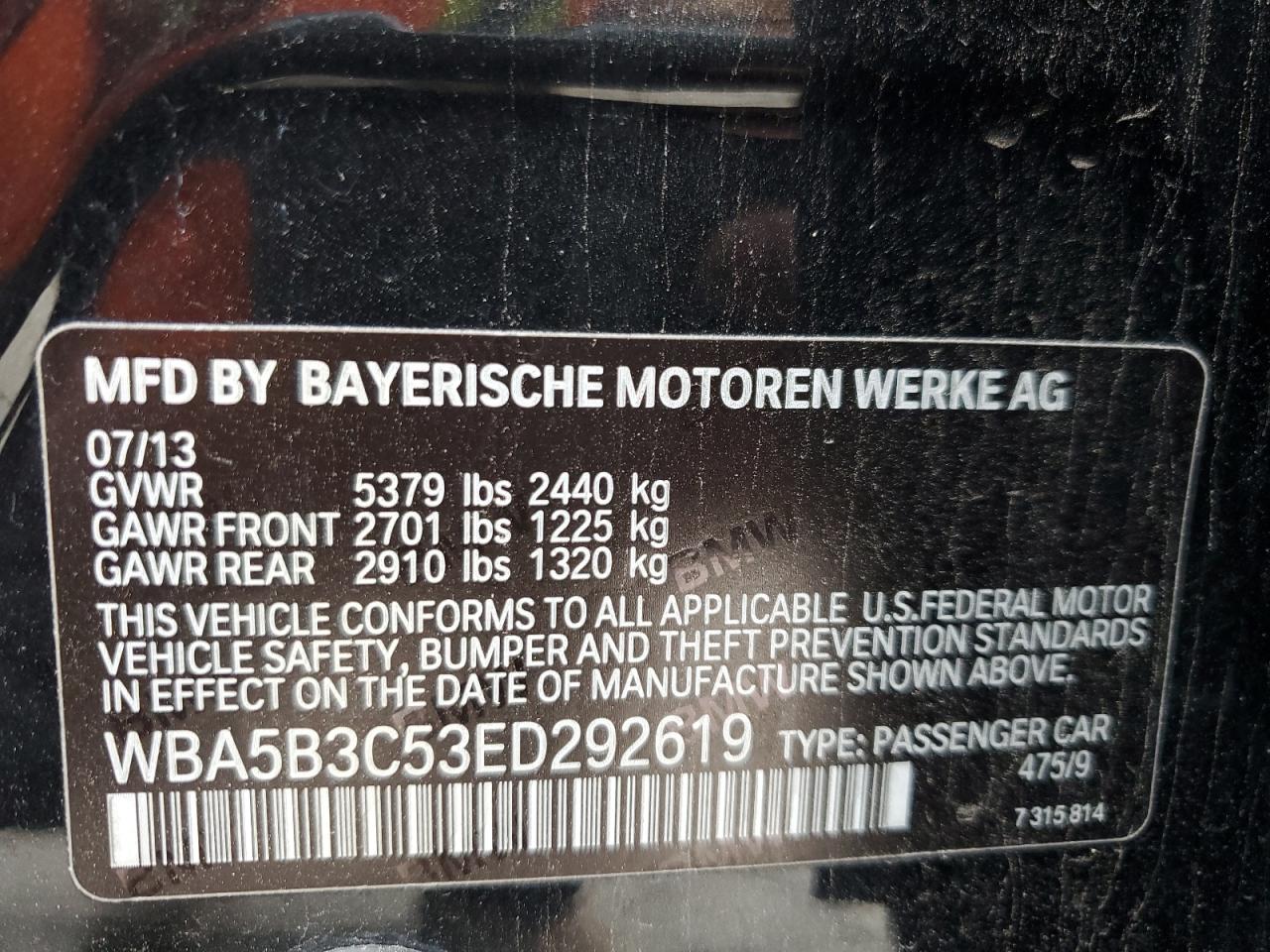 2014 BMW 535 Xi VIN: WBA5B3C53ED292619 Lot: 86655924