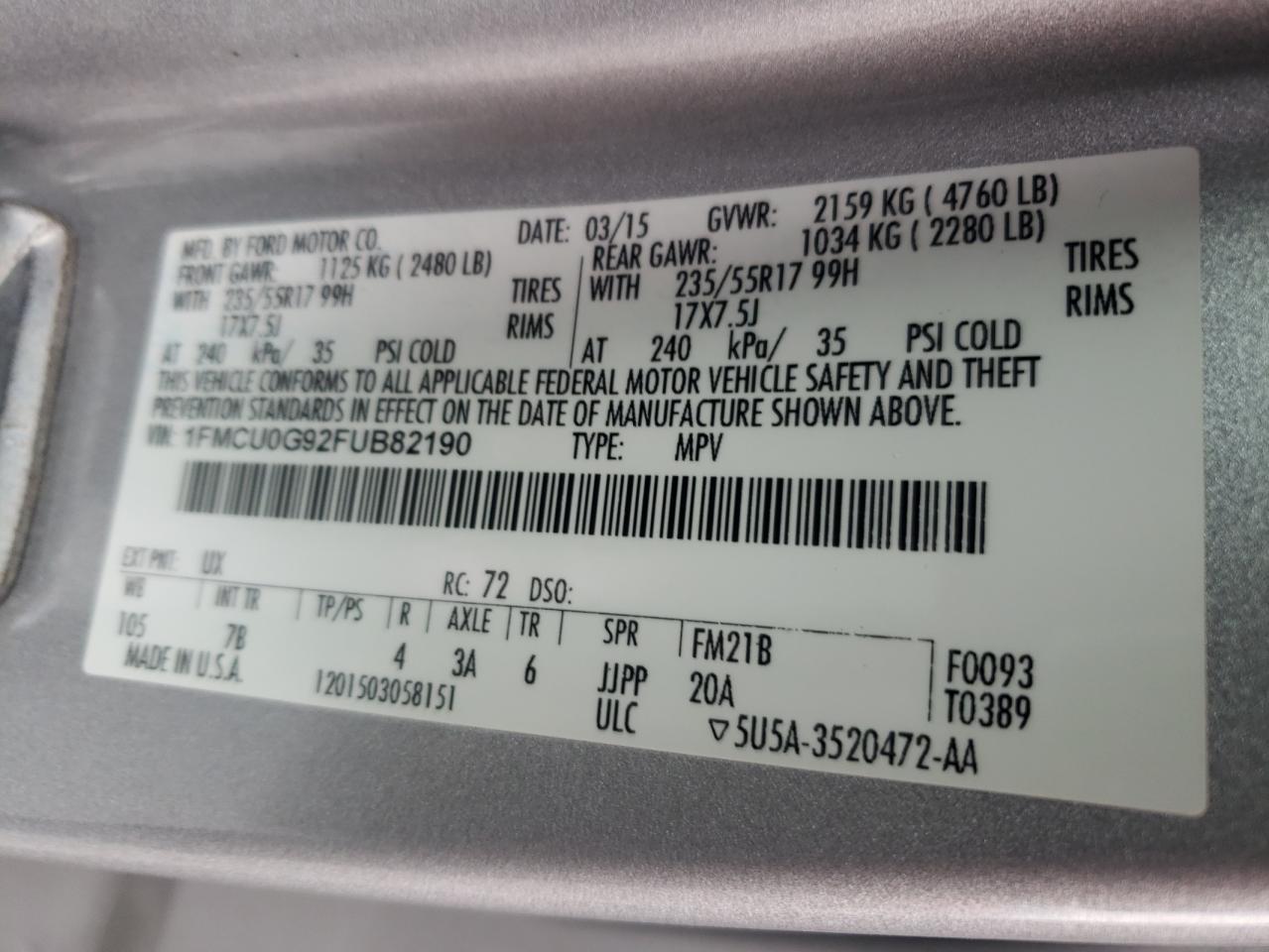 VIN 1FMCU0G92FUB82190 2015 FORD ESCAPE no.13