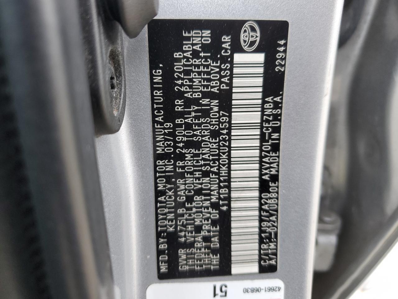 4T1B11HK0KU234597 2019 TOYOTA CAMRY - Image 12