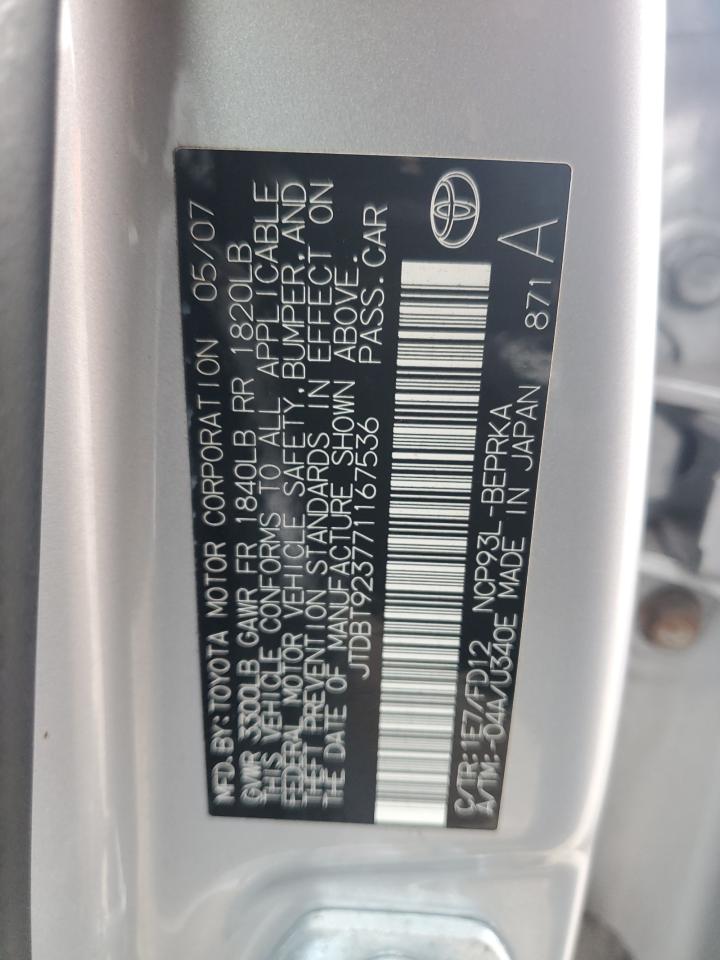 2007 Toyota Yaris VIN: JTDBT923771167536 Lot: 86138134