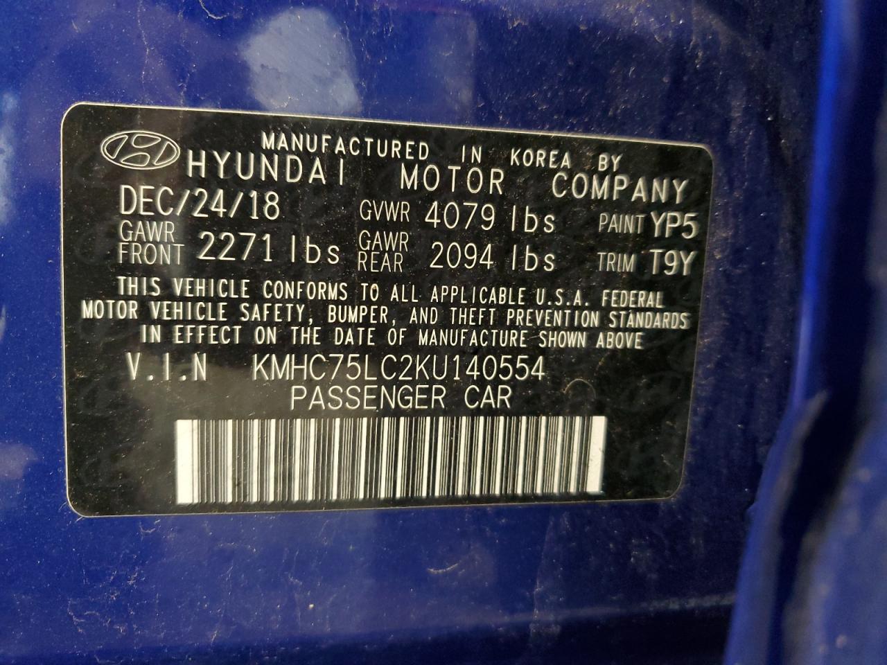 VIN KMHC75LC2KU140554 2019 HYUNDAI IONIQ no.12