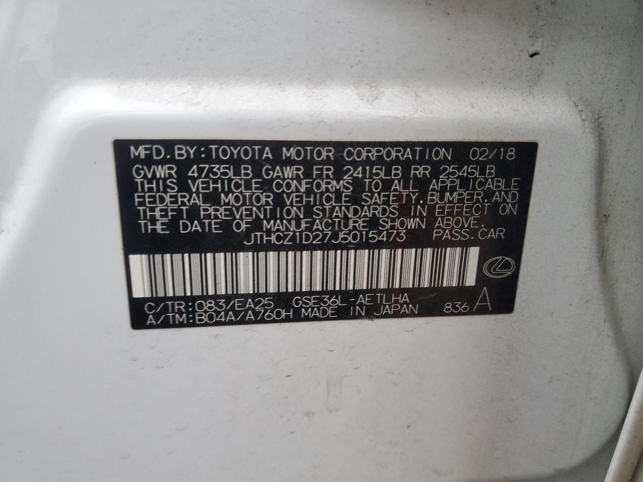 2018 Lexus Is 350 VIN: JTHCZ1D27J5015473 Lot: 86314814