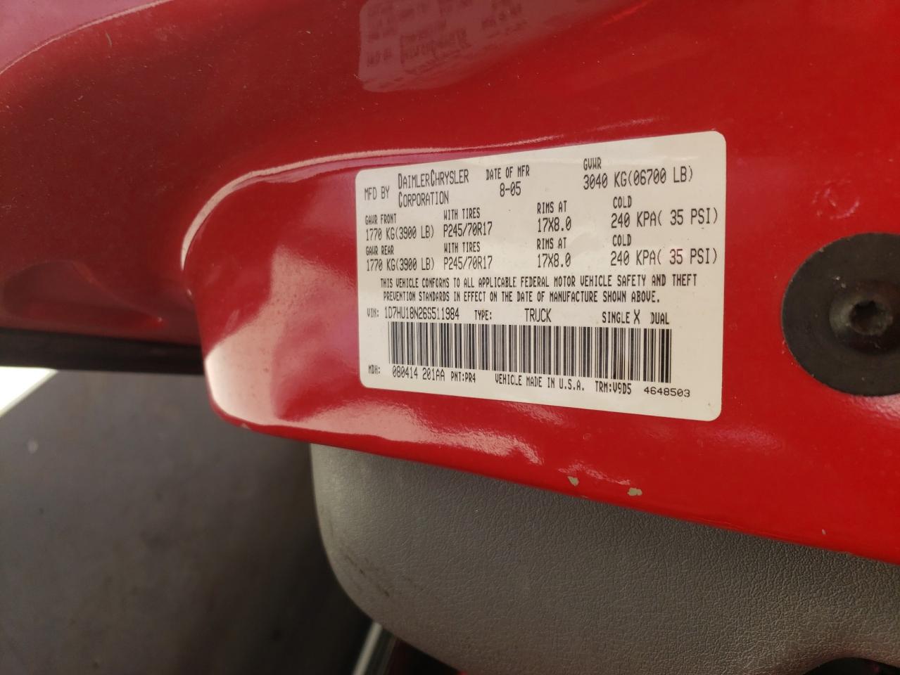 2006 Dodge Ram 1500 St VIN: 1D7HU18N26S511984 Lot: 86923154