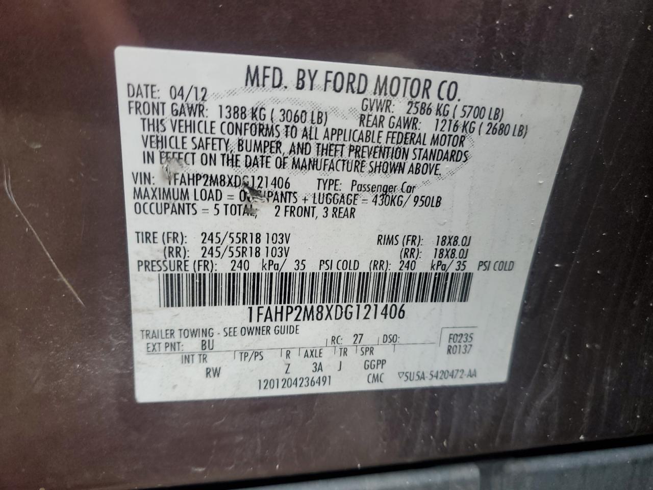 VIN 1FAHP2M8XDG121406 2013 FORD TAURUS no.12