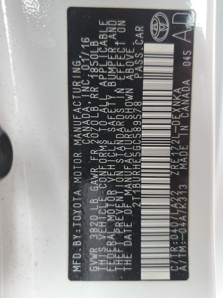 2016 Toyota Corolla L VIN: 2T1BURHE5GC589578 Lot: 84160414