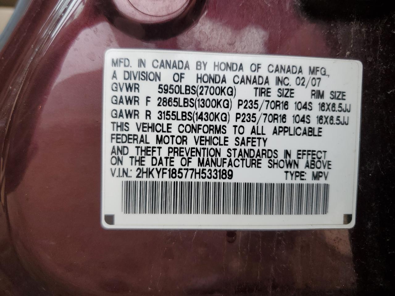 2007 Honda Pilot Exl VIN: 2HKYF18577H533189 Lot: 64031715