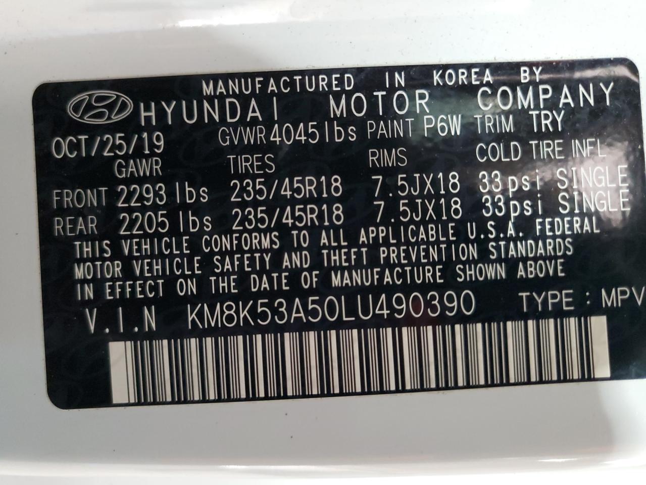 VIN KM8K53A50LU490390 2020 HYUNDAI KONA no.13