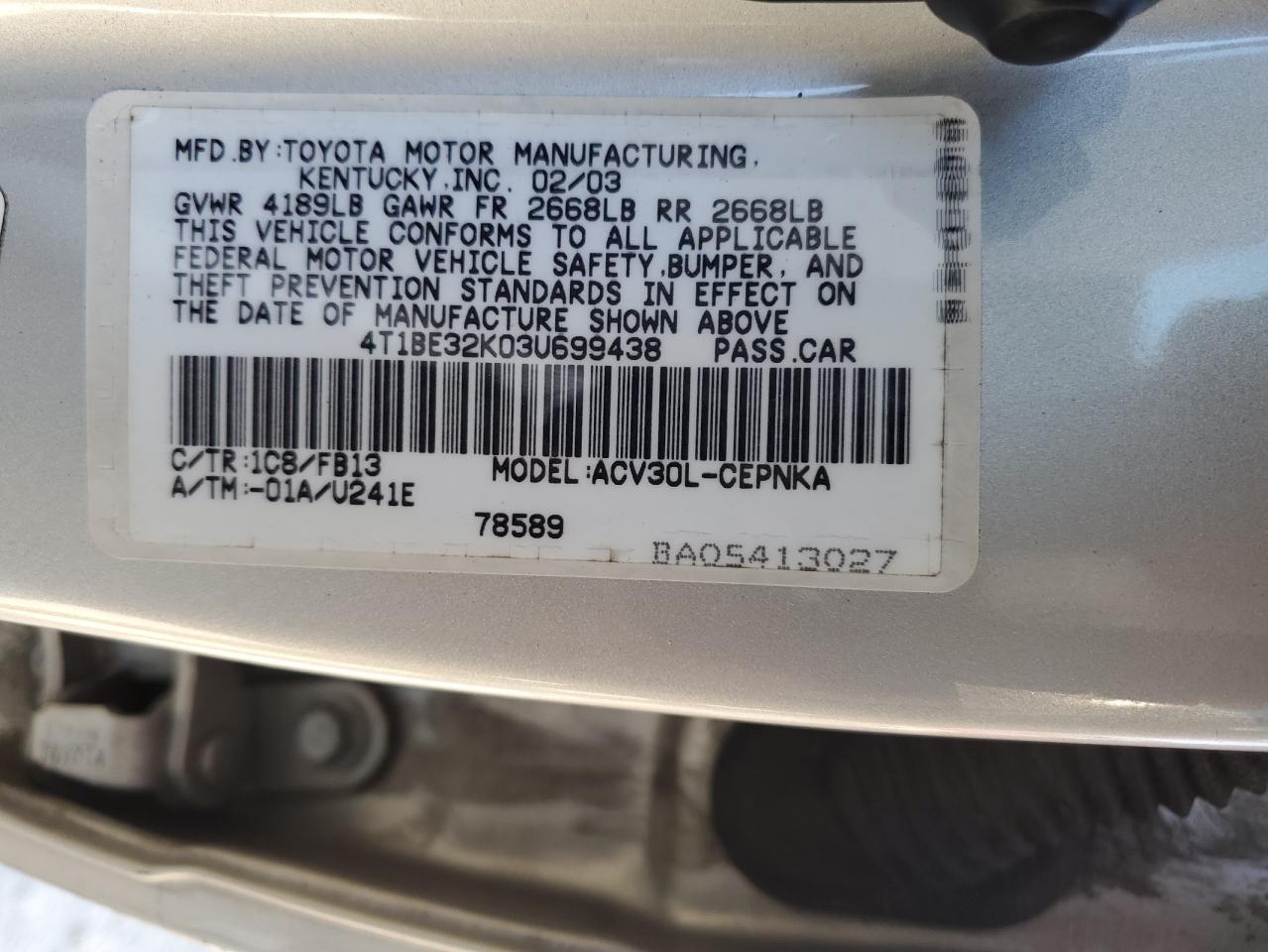 2003 Toyota Camry Le VIN: 4T1BE32K03U699438 Lot: 80544155