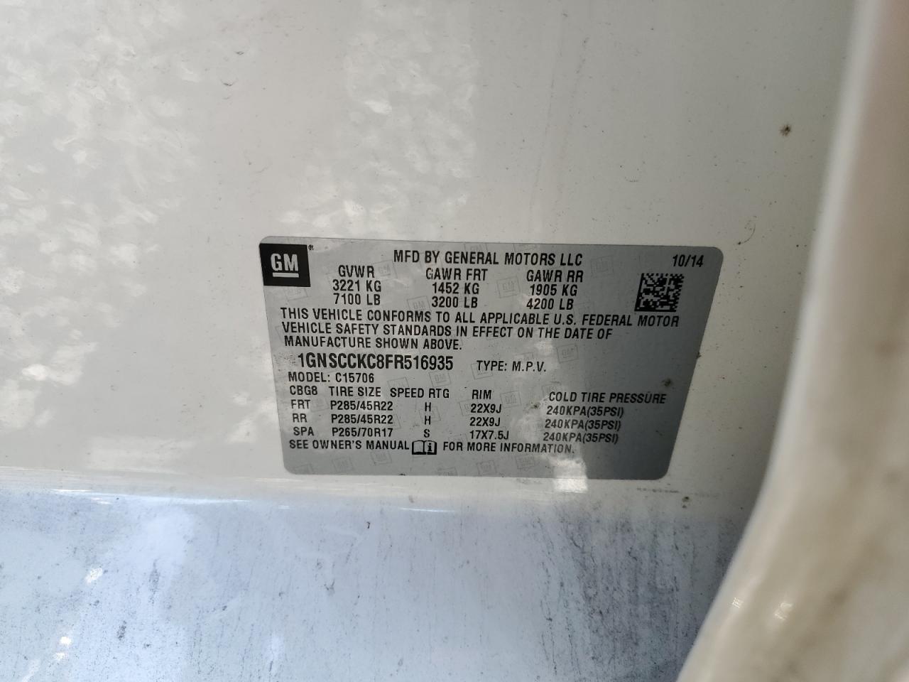 2015 Chevrolet Tahoe C1500 Ltz VIN: 1GNSCCKC8FR516935 Lot: 84697724