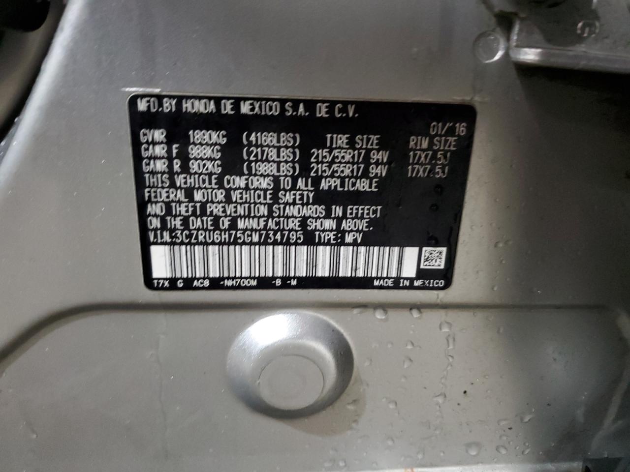 2016 Honda Hr-V Exl VIN: 3CZRU6H75GM734795 Lot: 84718555