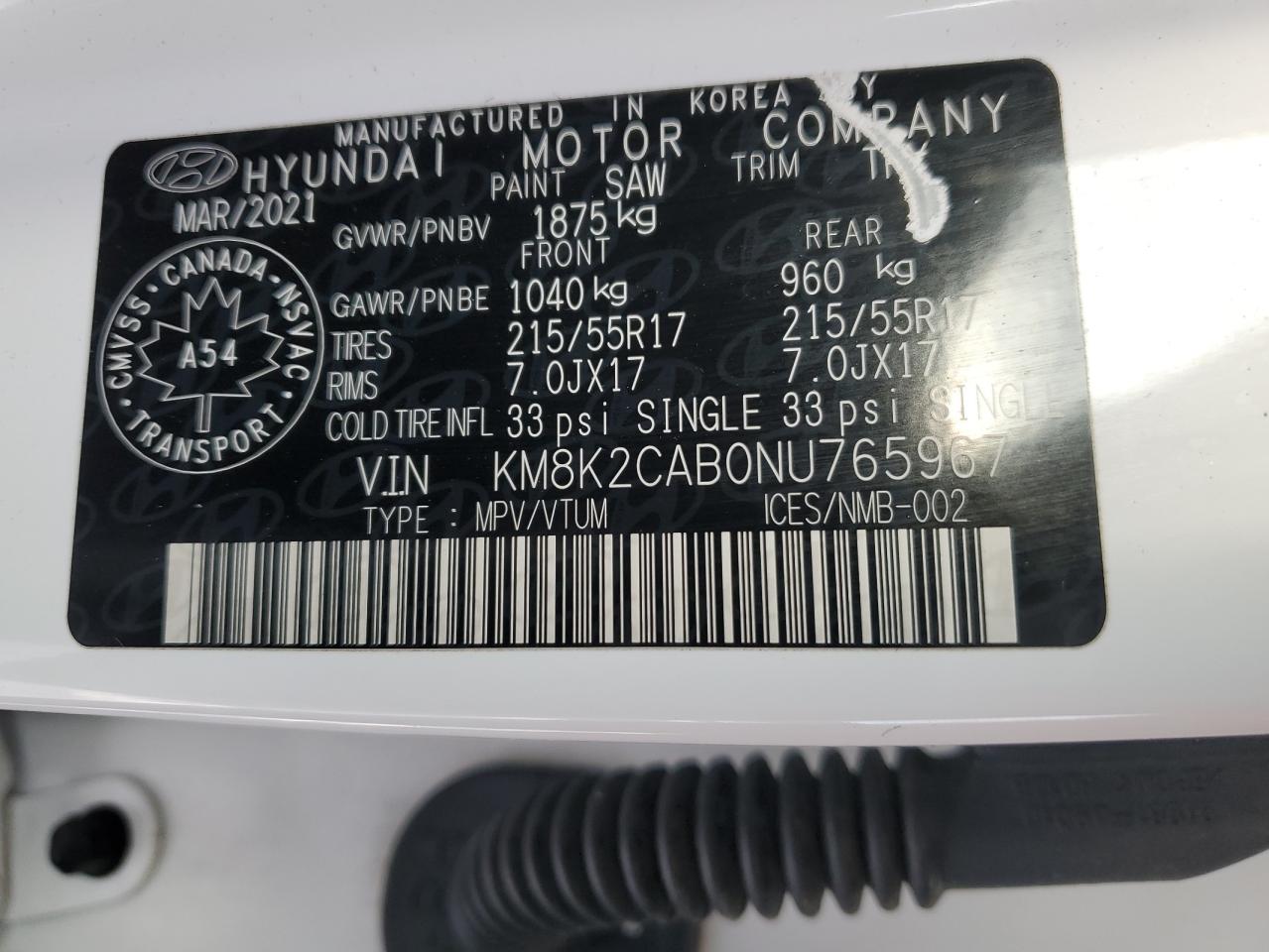 2022 Hyundai Kona Sel VIN: KM8K2CAB0NU765967 Lot: 83831974