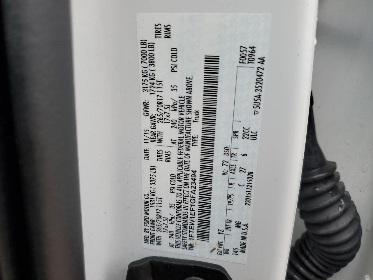 2016 Ford F150 Supercrew VIN: 1FTEW1EF1GFA23494 Lot: 84491474