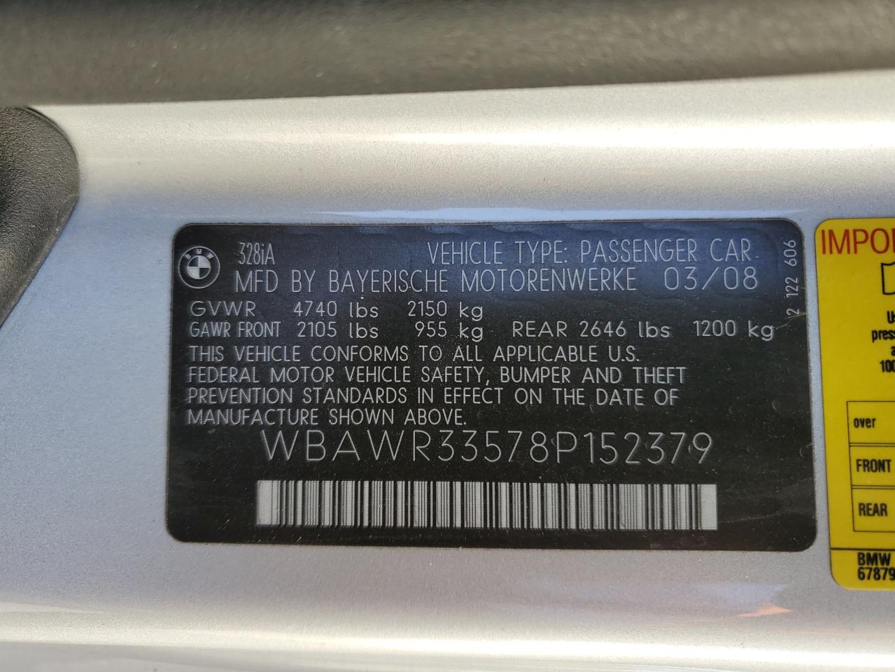 2008 BMW 328 I Sulev VIN: WBAWR33578P152379 Lot: 85668564