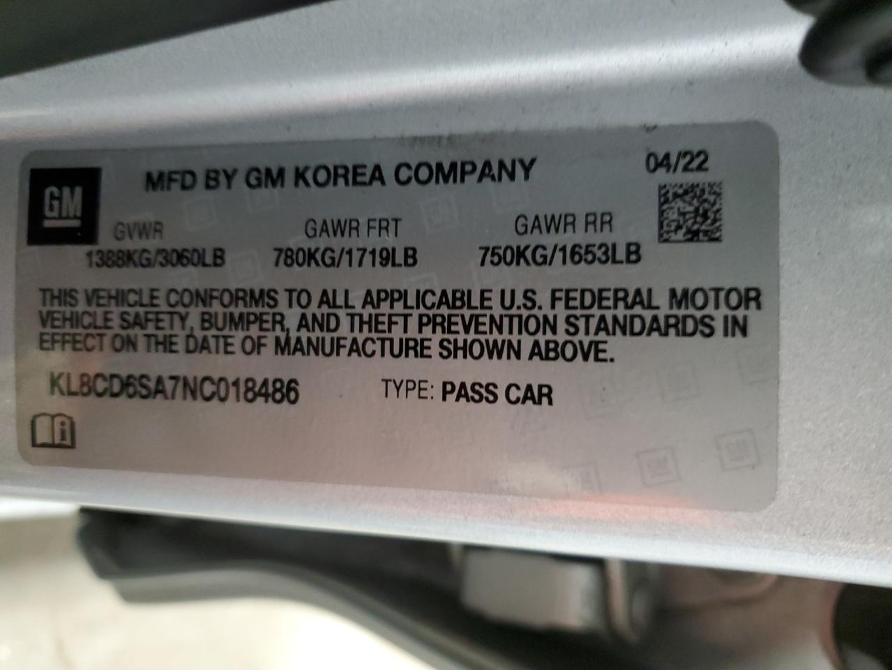 2022 Chevrolet Spark 1Lt VIN: KL8CD6SA7NC018486 Lot: 75510634