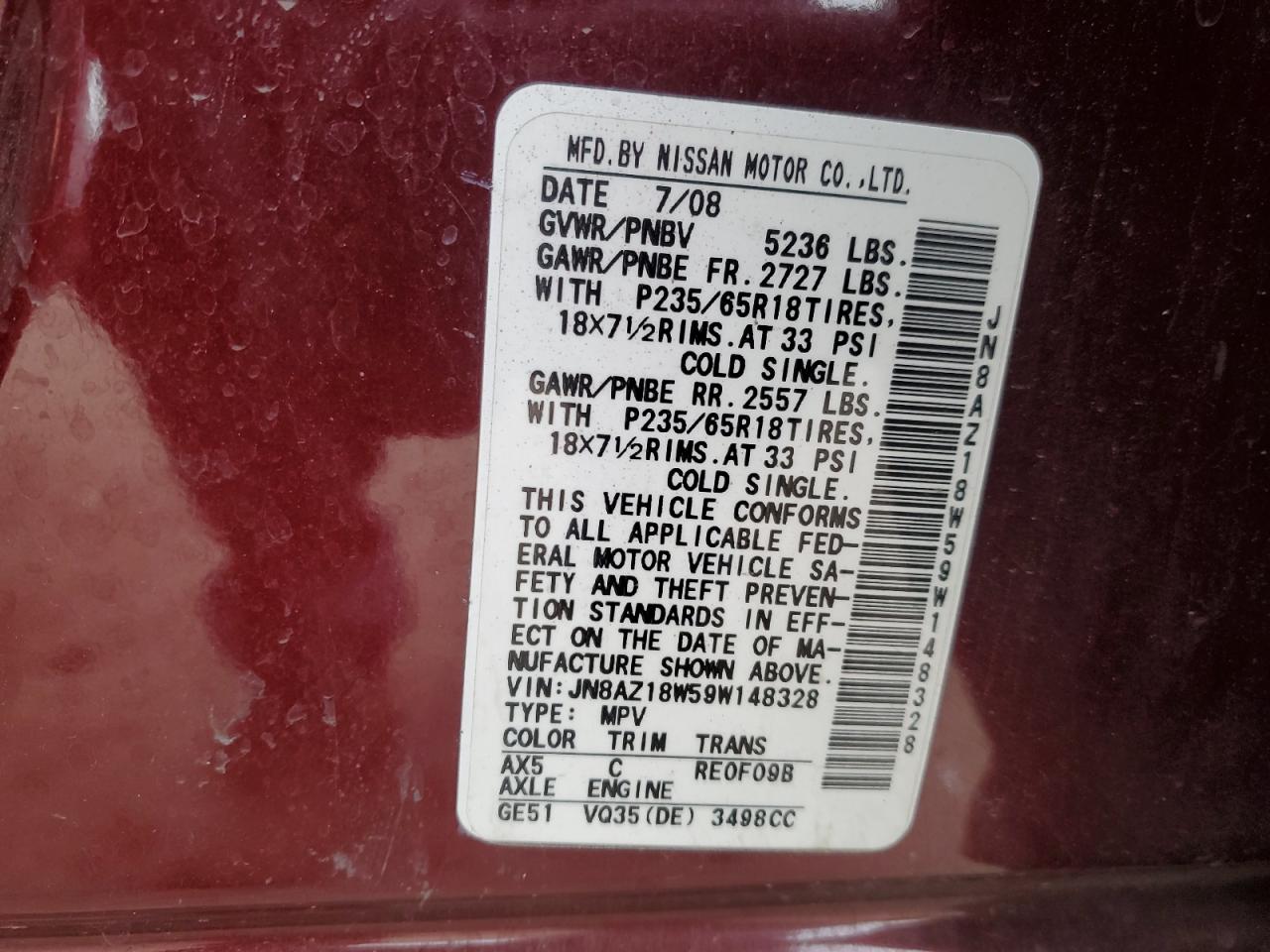 2009 Nissan Murano S VIN: JN8AZ18W59W148328 Lot: 84672794