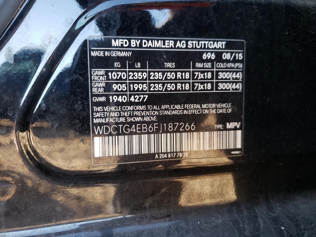 2015 Mercedes-Benz Gla 250 VIN: WDCTG4EB6FJ187266 Lot: 82150065