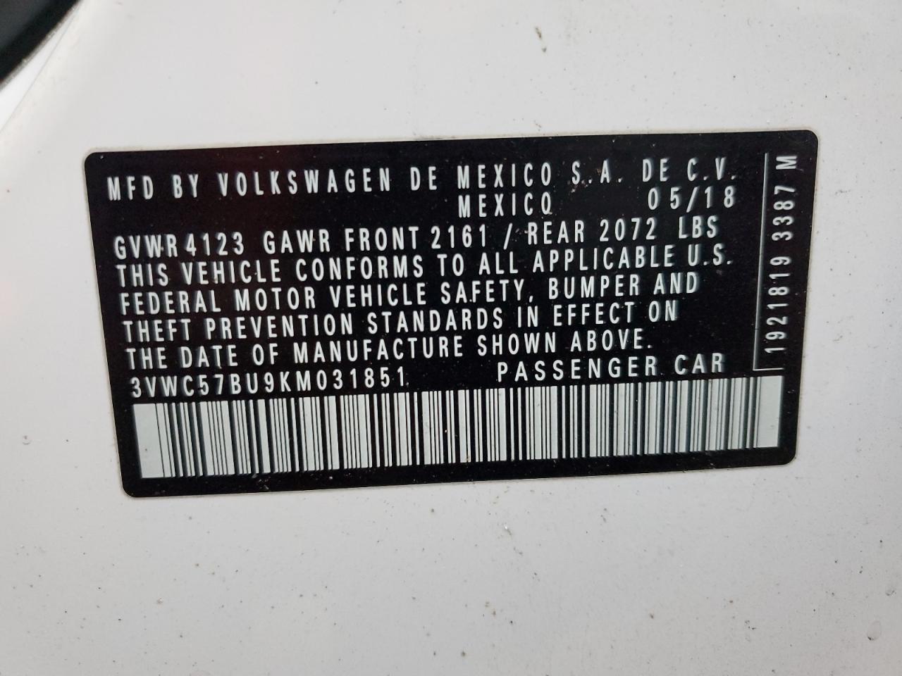 2019 Volkswagen Jetta S VIN: 3VWC57BU9KM031851 Lot: 82915964