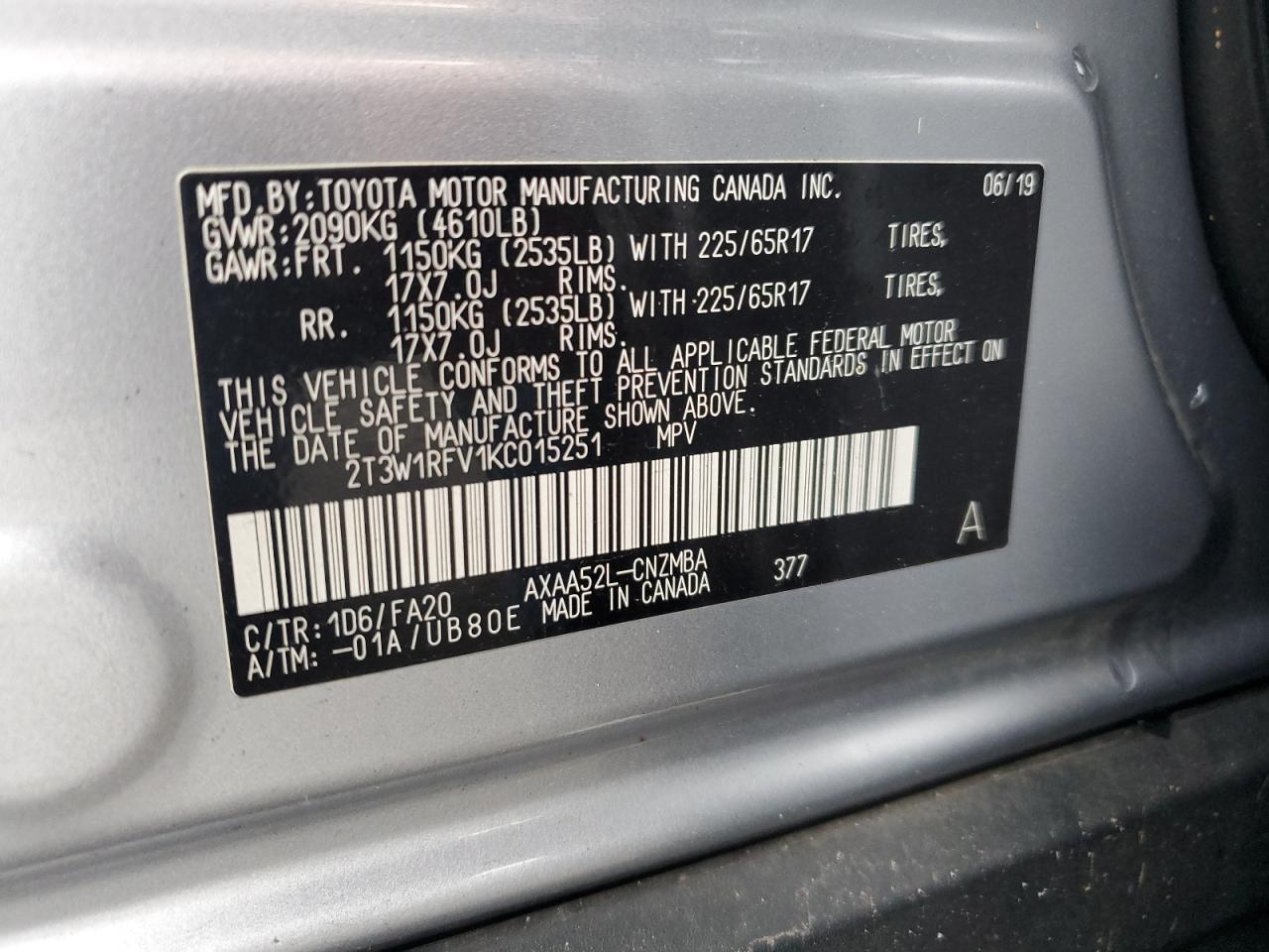 VIN 2T3W1RFV1KC015251 2019 TOYOTA RAV4 no.13