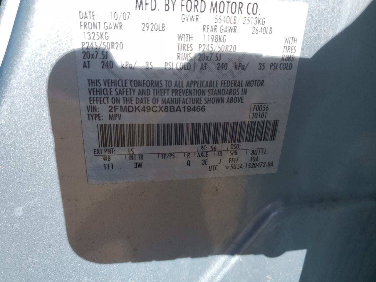 2008 Ford Edge Limited VIN: 2FMDK49CX8BA19466 Lot: 83671434