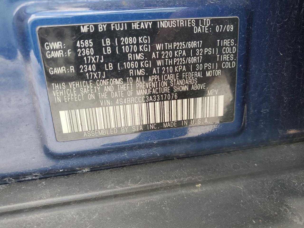 2010 Subaru Outback 2.5I Premium VIN: 4S4BRCCC3A3317076 Lot: 85707844