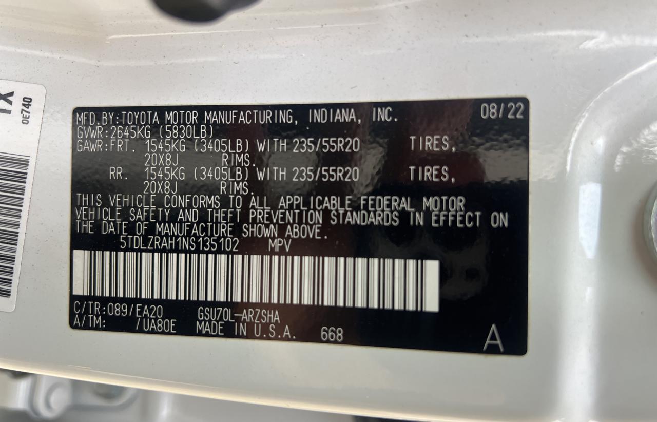 2022 Toyota Highlander Xse VIN: 5TDLZRAH1NS135102 Lot: 84279884