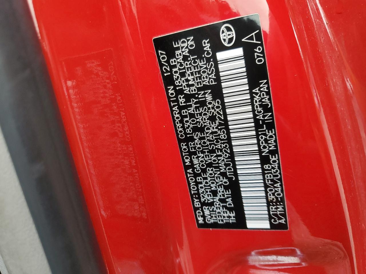 2008 Toyota Yaris VIN: JTDJT923185172205 Lot: 86924414