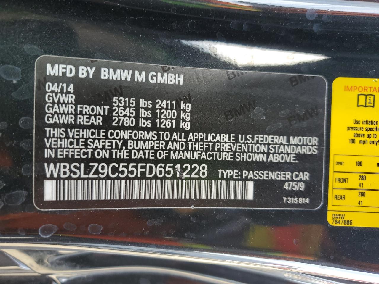 VIN WBSLZ9C55FD651228 2015 BMW M6 no.12