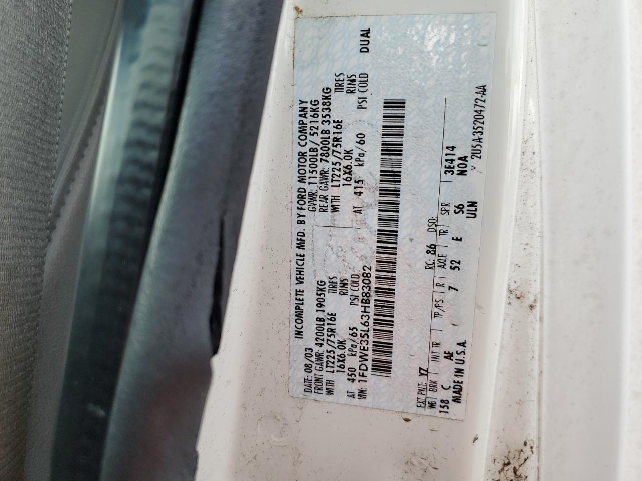 2003 Ford Econoline E350 Super Duty Cutaway Van VIN: 1FDWE35L63HB83082 Lot: 85635794