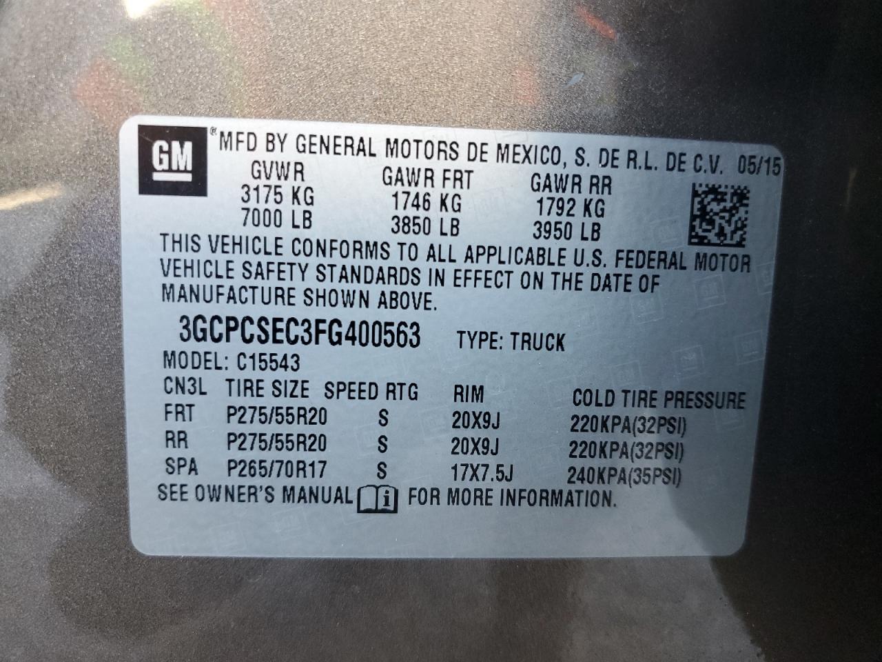 VIN 3GCPCSEC3FG400563 2015 CHEVROLET ALL Models no.13