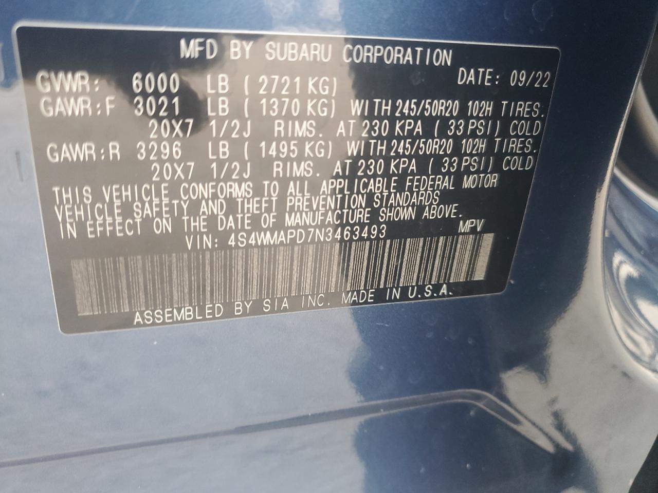 2022 Subaru Ascent Limited VIN: 4S4WMAPD7N3463493 Lot: 84305004