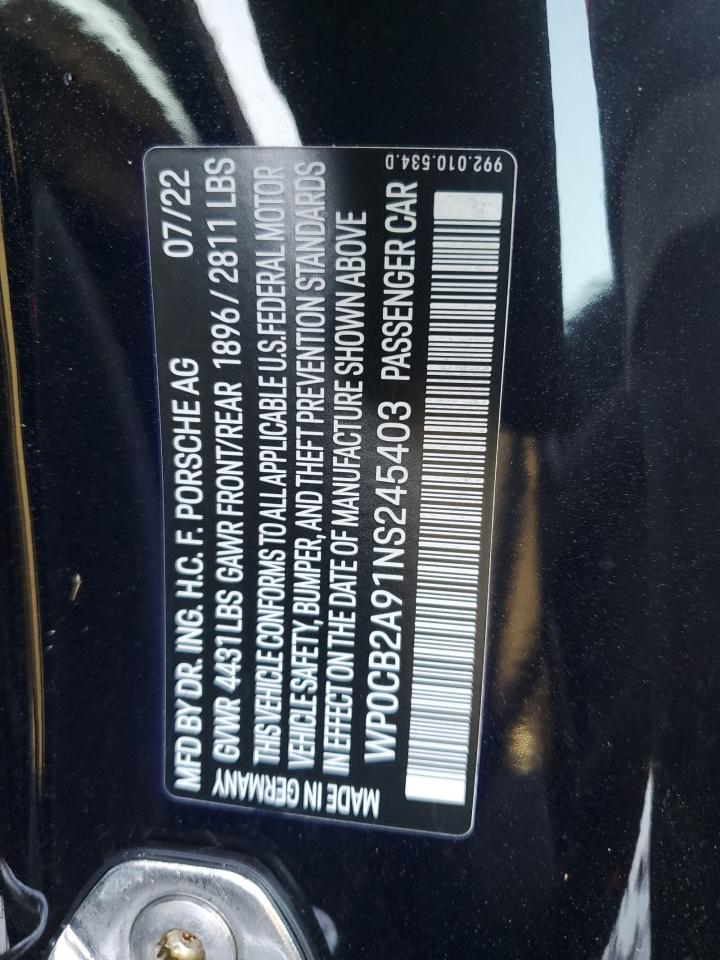 2022 Porsche 911 Carrera S VIN: WP0CB2A91NS245403 Lot: 85543374