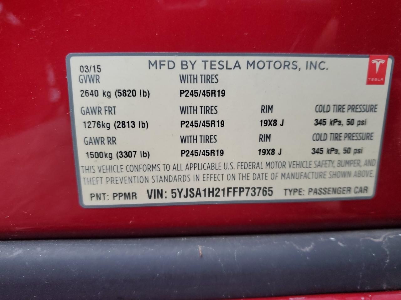 2015 Tesla Model S 85D VIN: 5YJSA1H21FFP73765 Lot: 85573284