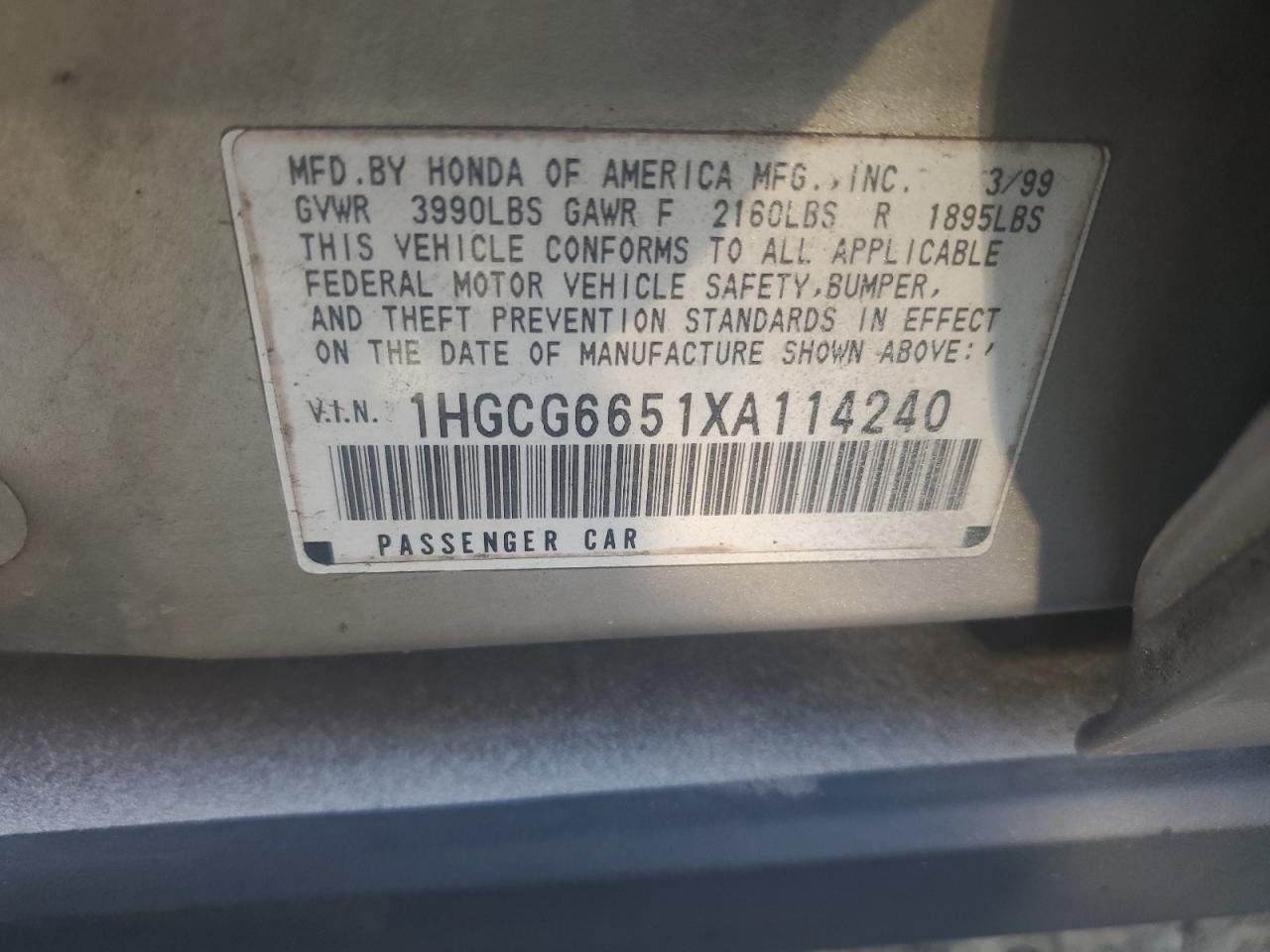 1999 Honda Accord Lx VIN: 1HGCG6651XA114240 Lot: 85482014