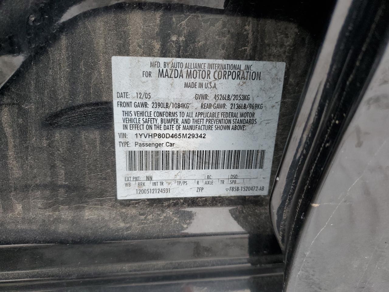 2006 Mazda 6 S VIN: 1YVHP80D465M29342 Lot: 82899014