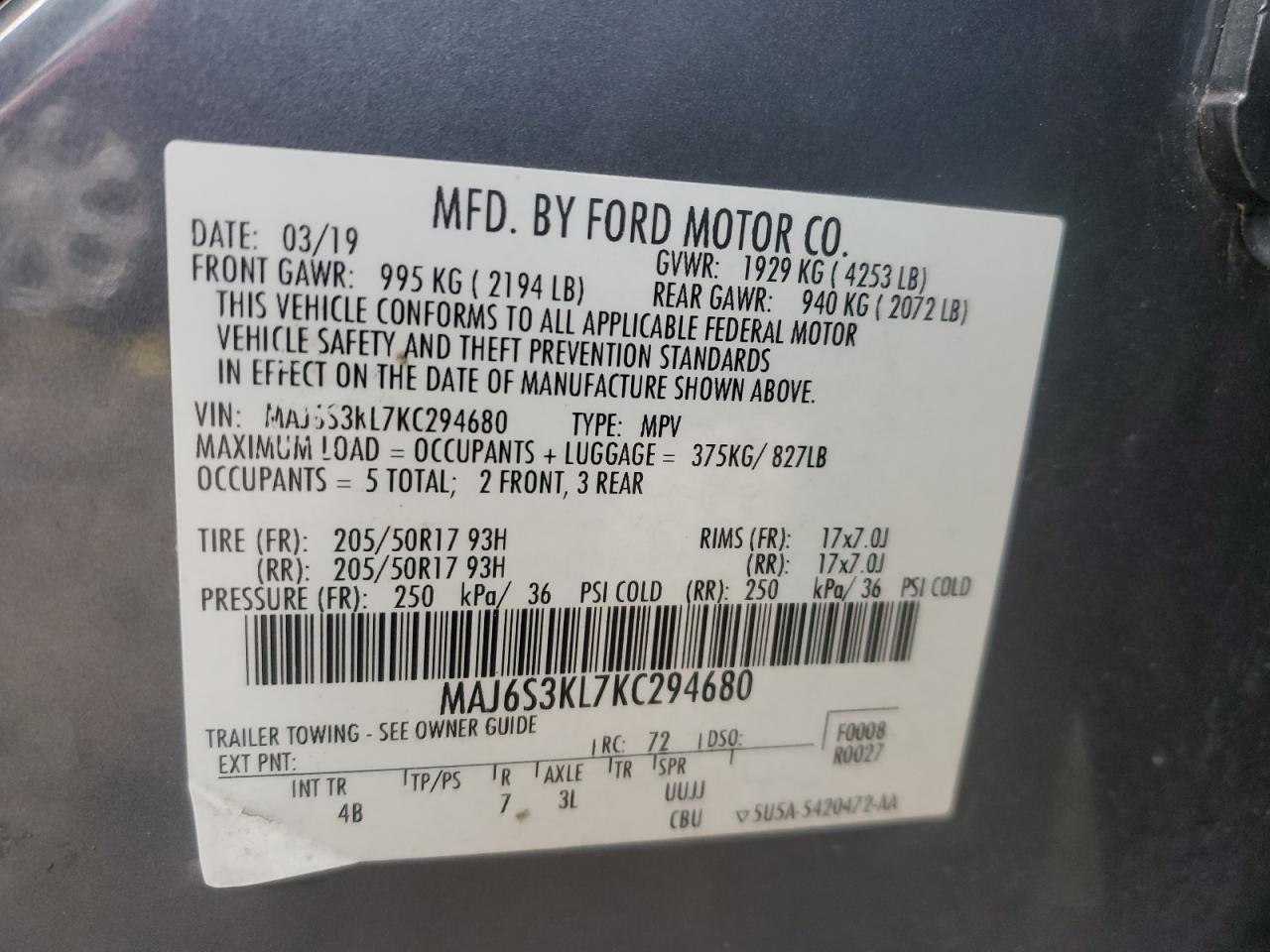 2019 Ford Ecosport Titanium VIN: MAJ6S3KL7KC294680 Lot: 83025474