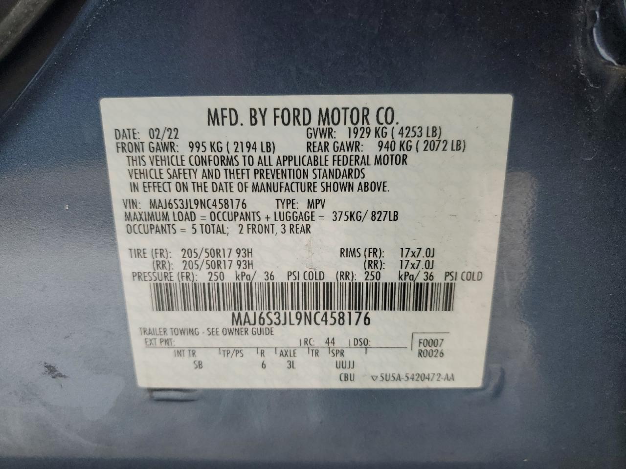 VIN MAJ6S3JL9NC458176 2022 FORD ECOSPORT no.13