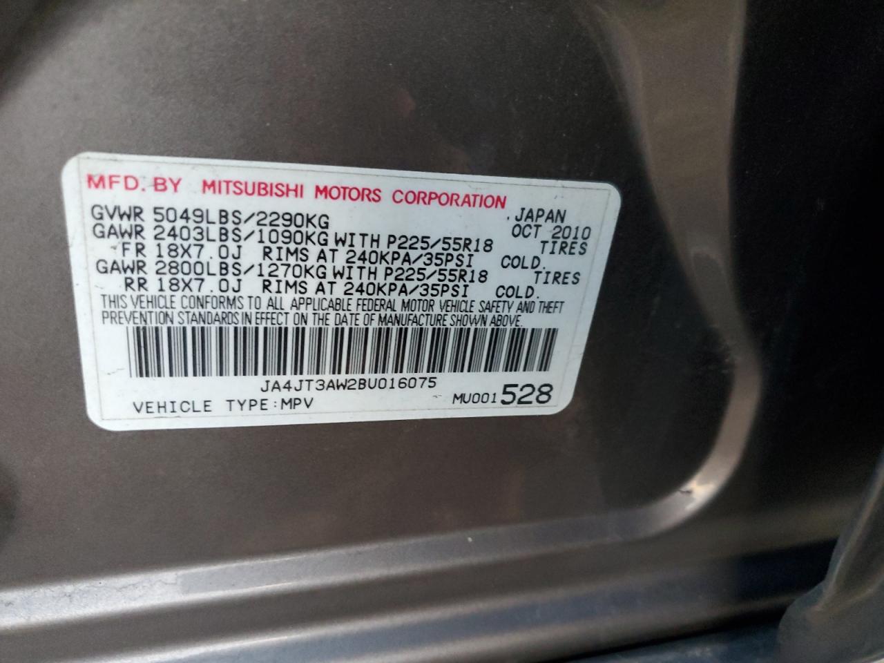 2011 Mitsubishi Outlander Se VIN: JA4JT3AW2BU016075 Lot: 86714284