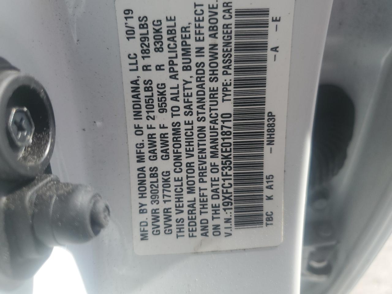 VIN 19XFC1F35KE018710 2019 HONDA CIVIC no.12