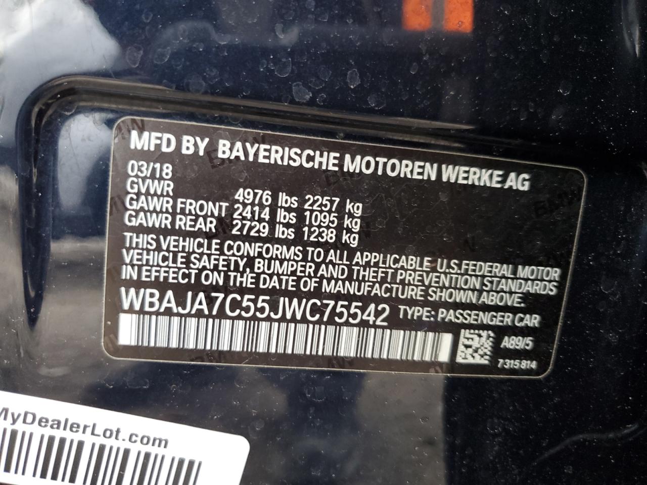 2018 BMW 530 Xi VIN: WBAJA7C55JWC75542 Lot: 85822954