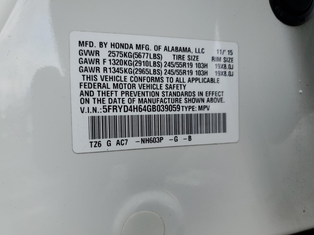 VIN 5FRYD4H64GB039059 2016 ACURA MDX no.13