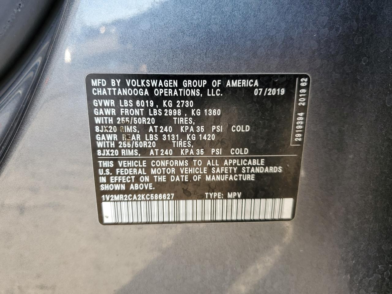 1V2MR2CA2KC586627 2019 VOLKSWAGEN ATLAS - Image 15