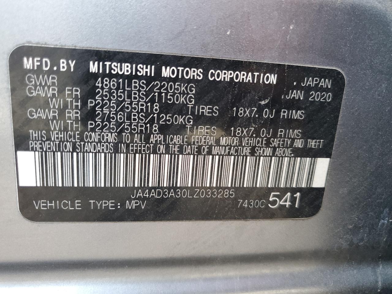 VIN JA4AD3A30LZ033285 2020 MITSUBISHI OUTLANDER no.13